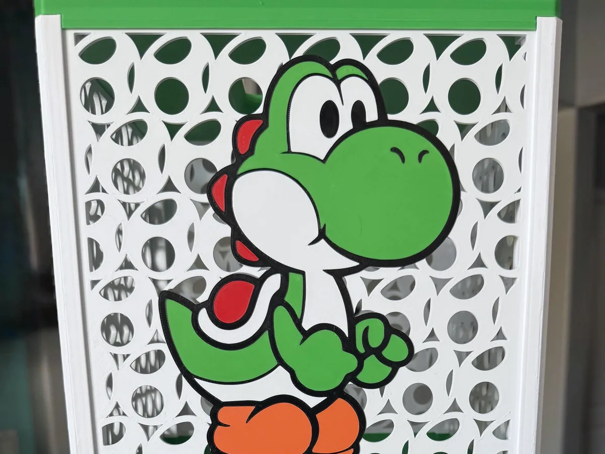 Close-up of a Yoshi panel on a built GachaPop machine