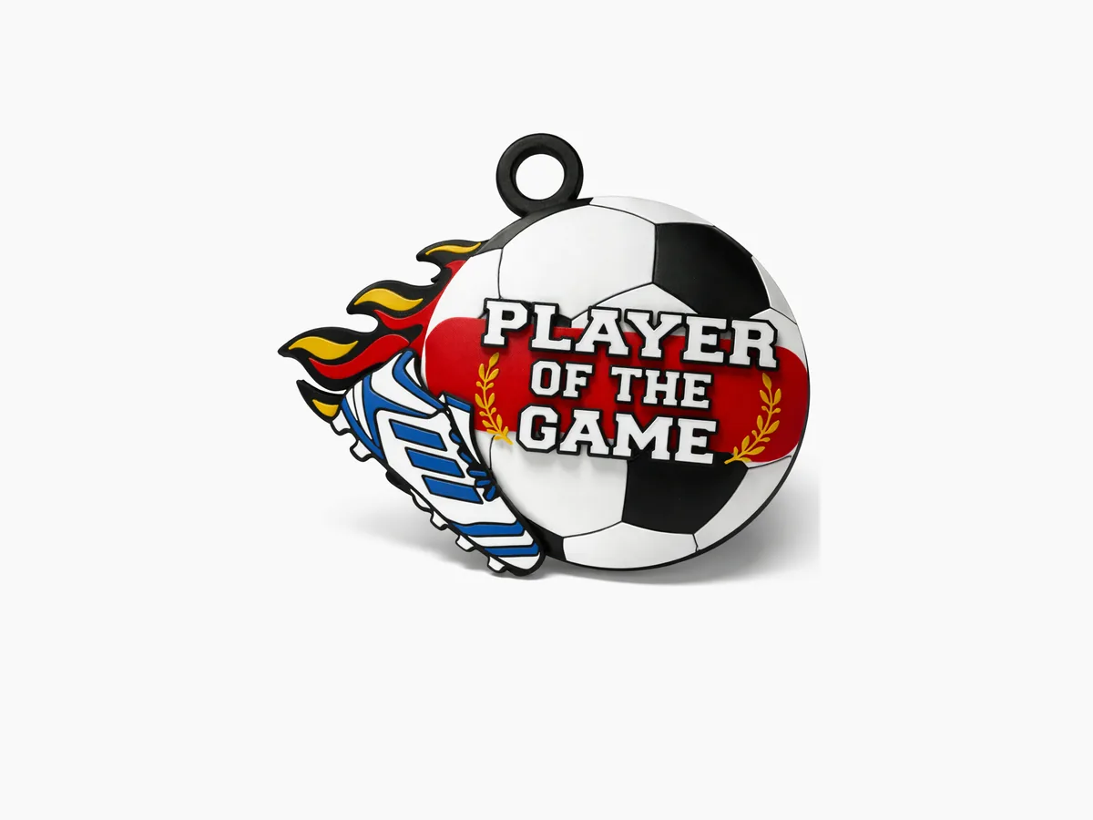 Soccer Player of the Game medallion with flame detail
