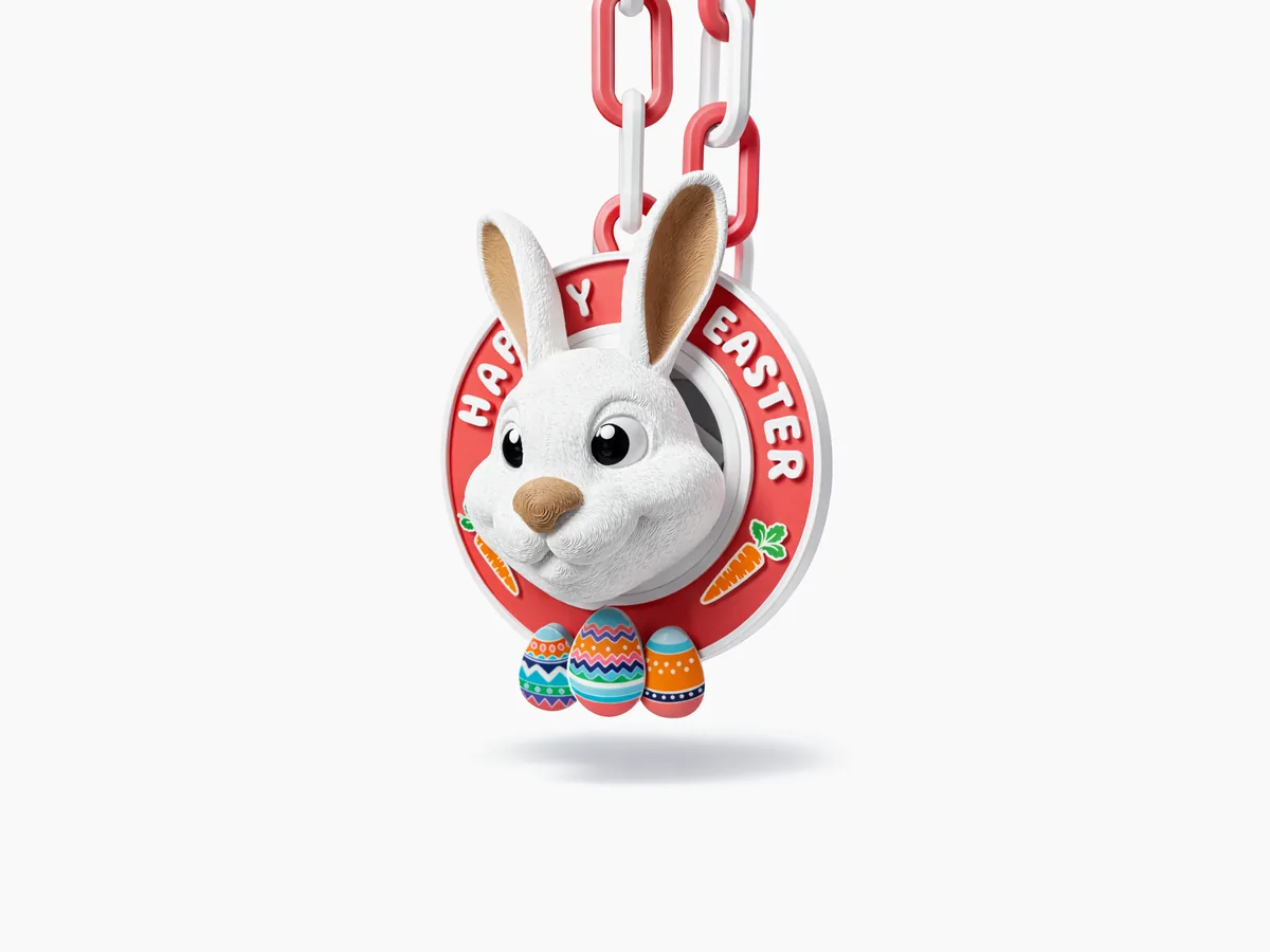 Happy Easter bunny medallion on a red chain